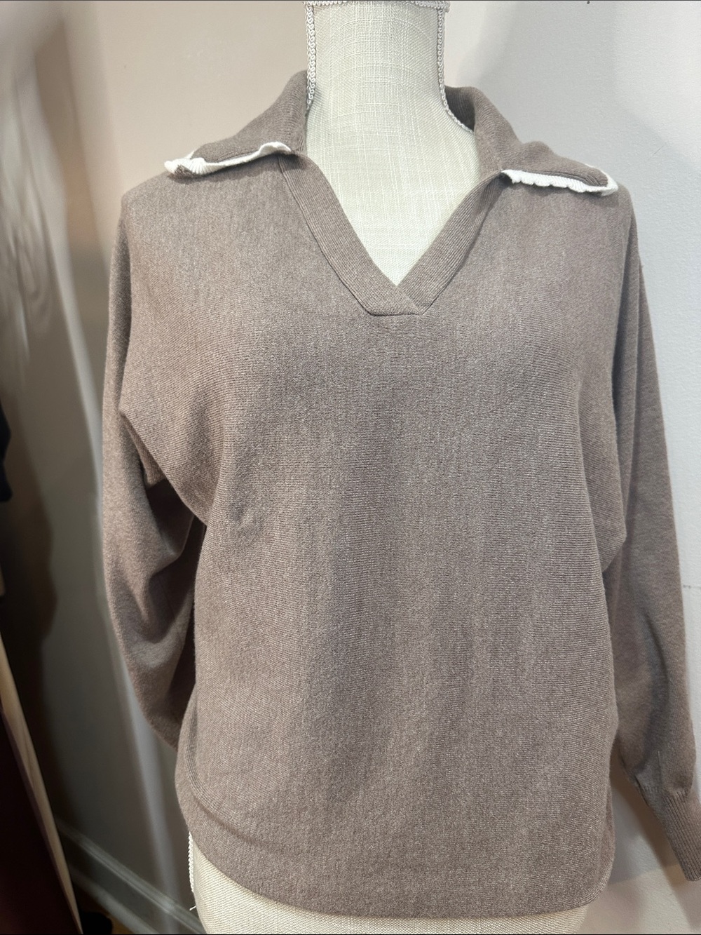 Men's Taupe V-Neck Collar Sweater - Casual Pullover